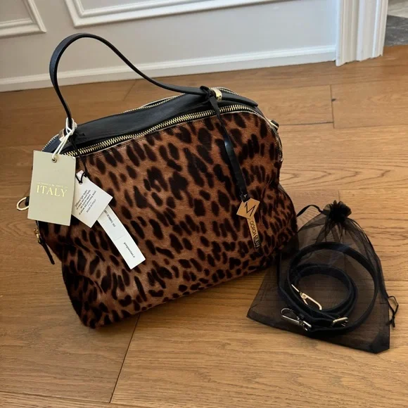 Giorgia Milani Leopard Print Calf Hair & Black Leather Satchel Purse - NWT - Picture 6 of 15